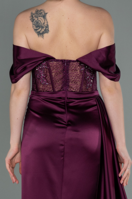 Cherry Colored Long Satin Evening Dress ABU2087