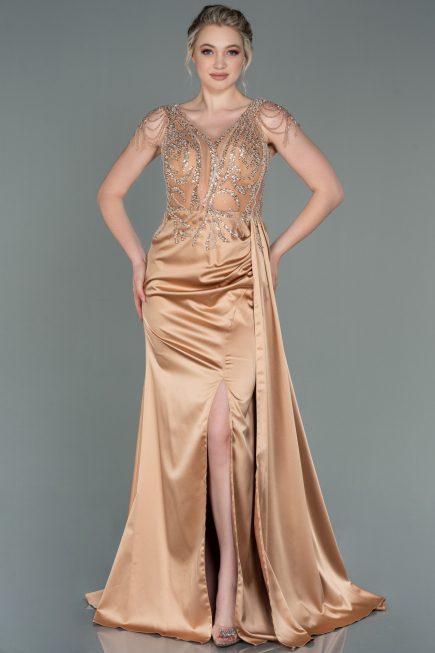 Long Gold Satin Evening Dress ABU3161