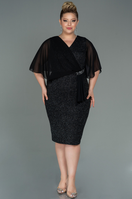 Black-Silver Midi Plus Size Evening Dress ABK1567