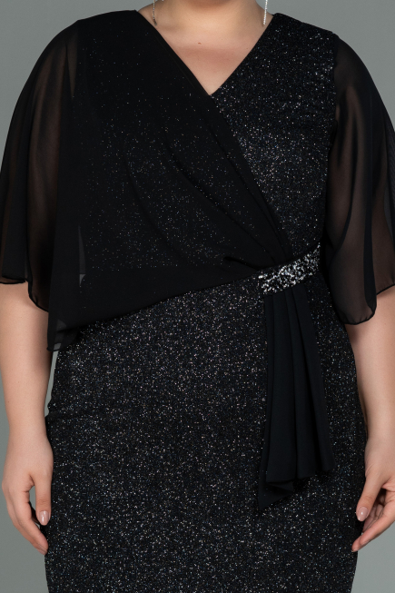 Black-Silver Midi Plus Size Evening Dress ABK1567
