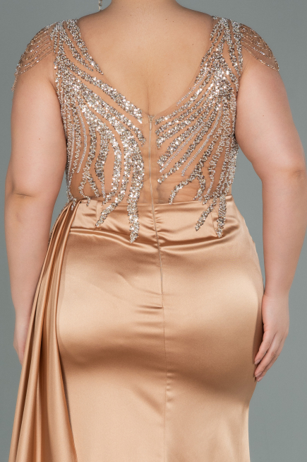 Long Gold Satin Plus Size Evening Dress ABU3169