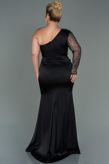 Long Black Satin Plus Size Evening Dress ABU3170