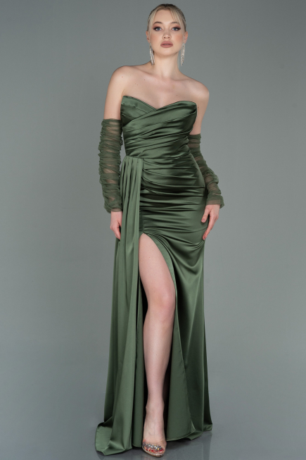 Long Olive Drab Satin Evening Dress ABU3175