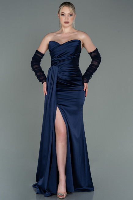 Long Navy Blue Satin Evening Dress ABU3175