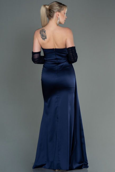 Long Navy Blue Satin Evening Dress ABU3175
