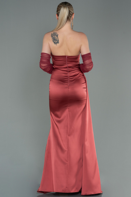 Long Light Brown Satin Evening Dress ABU3175