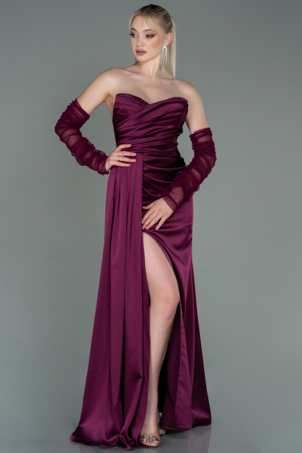 Long Cherry Colored Satin Evening Dress ABU3175