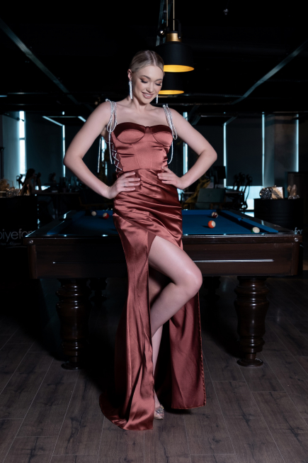 Long Light Brown Satin Prom Gown ABU3198