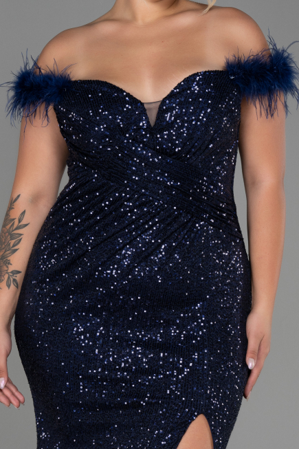 Long Navy Blue Scaly Plus Size Evening Dress ABU3193