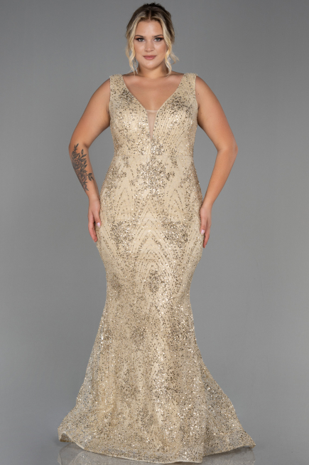 Long Gold Plus Size Evening Dress ABU3214