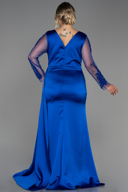Long Sax Blue Satin Plus Size Evening Dress ABU3223