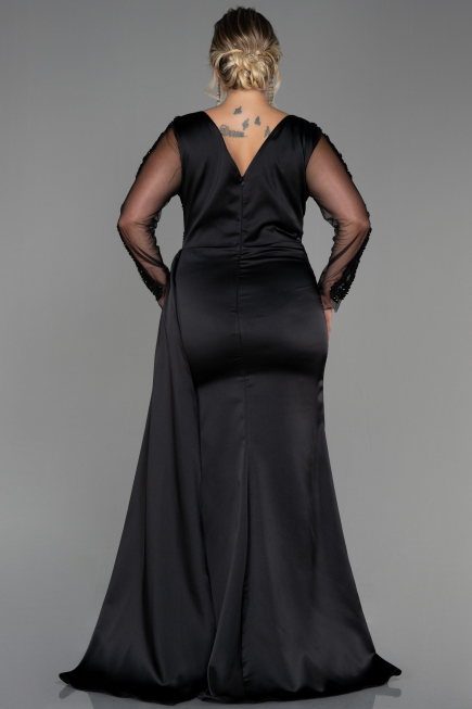 Long Black Satin Plus Size Evening Dress ABU3223
