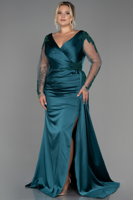 Long Emerald Green Satin Plus Size Evening Dress ABU3223