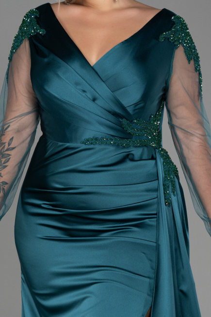 Long Emerald Green Satin Plus Size Evening Dress ABU3223
