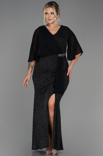 Black-Silver Long Plus Size Evening Dress ABU2857