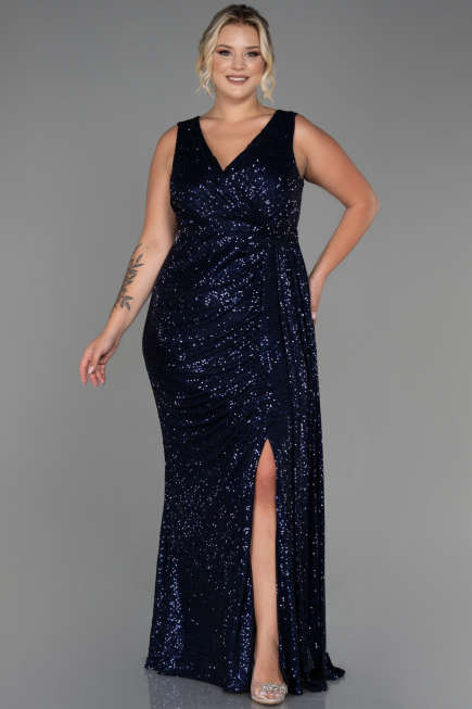 Long Navy Blue Scaly Plus Size Evening Dress ABU3194