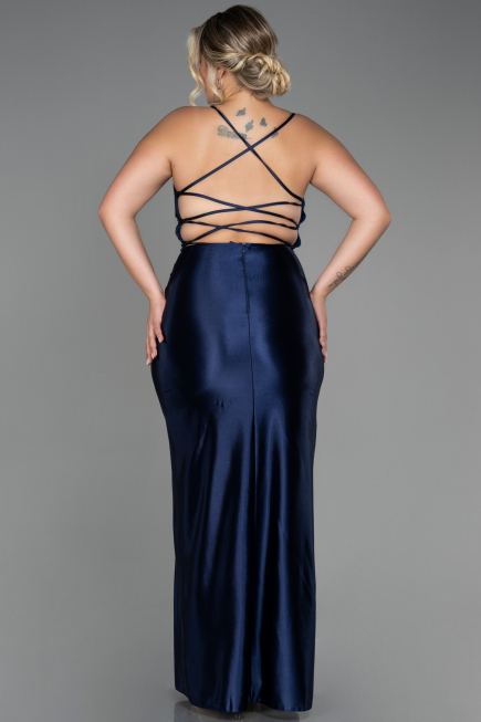 Navy Blue Long Satin Plus Size Evening Dress ABU3053