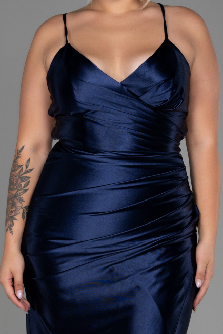 Navy Blue Long Satin Plus Size Evening Dress ABU3053