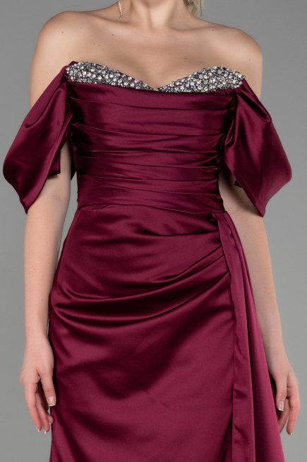 Cherry Colored Long Satin Evening Dress ABU2661