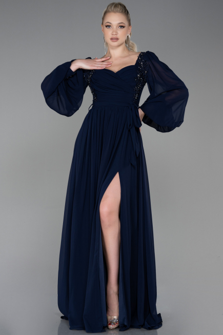 Long Navy Blue Chiffon Evening Dress ABU3243