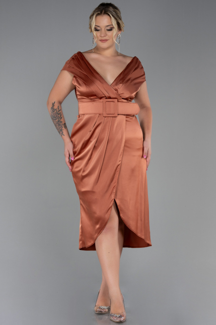 Light Brown Midi Satin Plus Size Evening Dress ABK1499