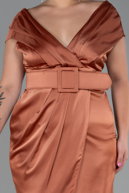 Light Brown Midi Satin Plus Size Evening Dress ABK1499
