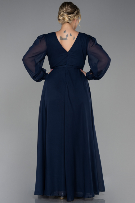 Long Navy Blue Chiffon Plus Size Evening Dress ABU3254