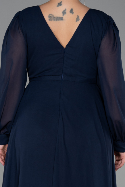 Long Navy Blue Chiffon Plus Size Evening Dress ABU3254