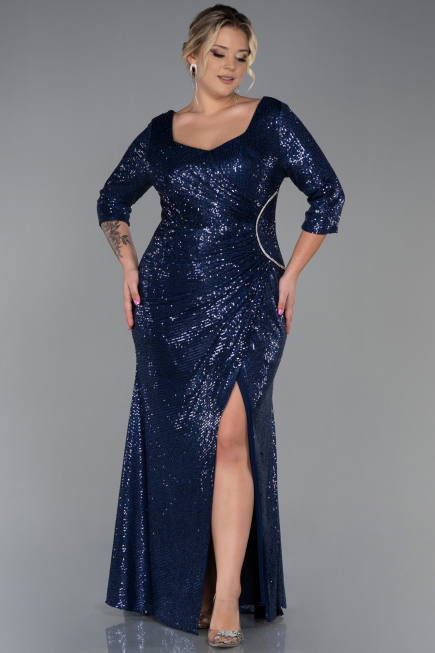 Long Navy Blue Scaly Plus Size Evening Dress ABU3258
