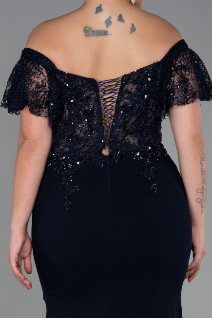 Long Navy Blue Dantelle Plus Size Evening Dress ABU2571