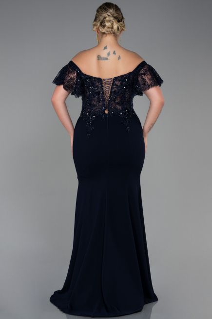 Long Navy Blue Dantelle Plus Size Evening Dress ABU2571