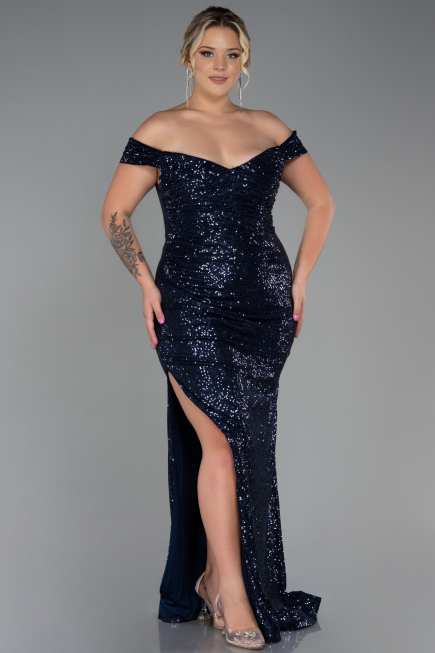 Long Navy Blue Scaly Plus Size Evening Dress ABU3203