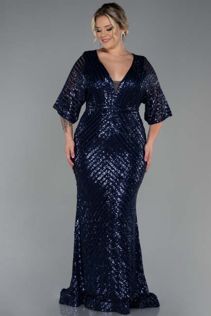 Long Navy Blue Plus Size Evening Dress ABU900