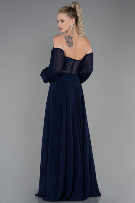 Long Navy Blue Chiffon Evening Dress ABU3265