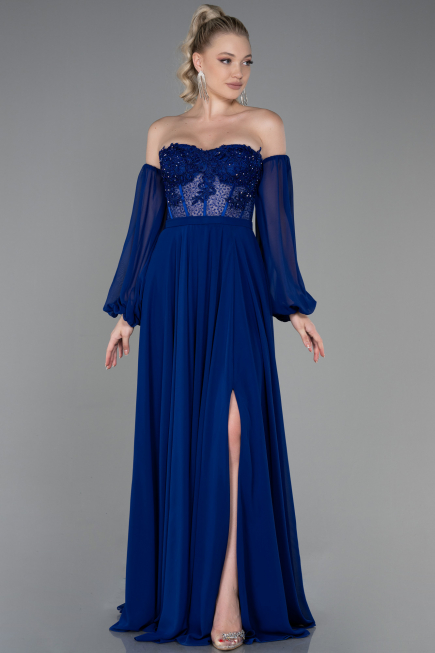 Long Sax Blue Chiffon Evening Dress ABU3265