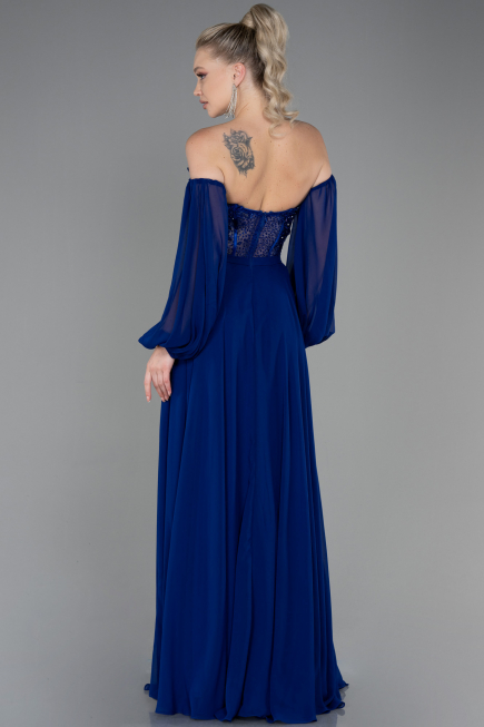 Long Sax Blue Chiffon Evening Dress ABU3265