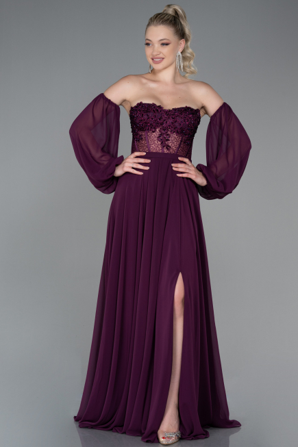 Long Cherry Colored Chiffon Evening Dress ABU3265