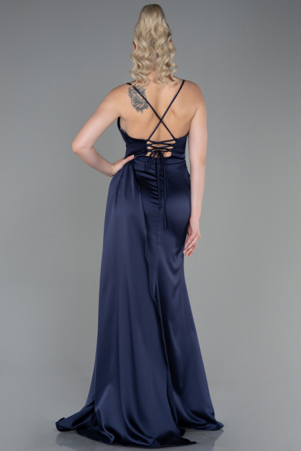 Long Navy Blue Satin Prom Gown ABU3267