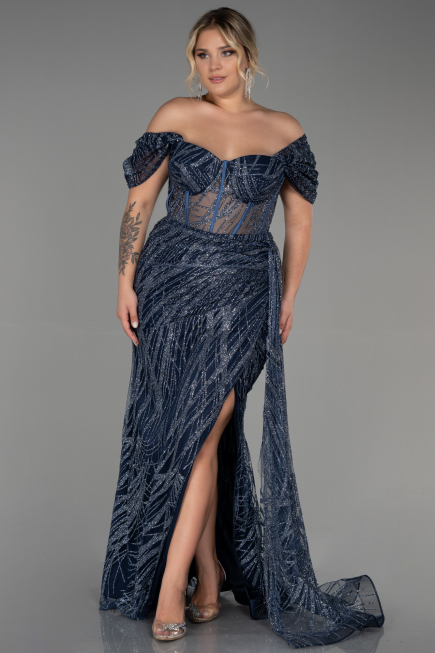 Navy Blue Long Plus Size Evening Dress ABU3097