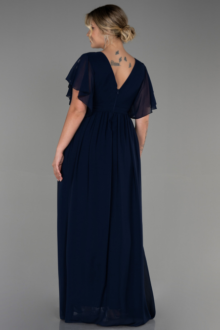Long Navy Blue Chiffon Plus Size Evening Dress ABU3276