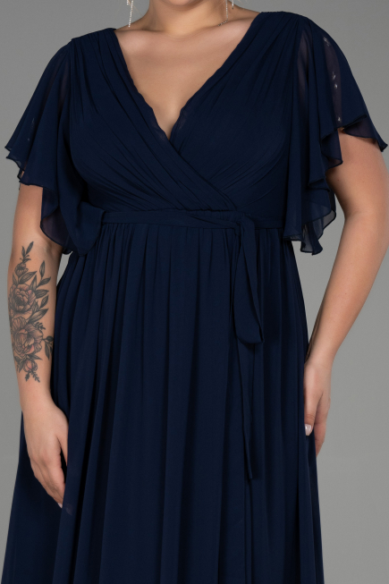 Long Navy Blue Chiffon Plus Size Evening Dress ABU3276