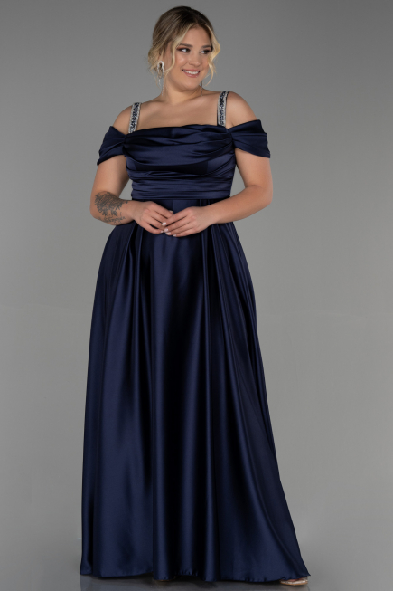 Long Navy Blue Satin Plus Size Evening Dress ABU3277