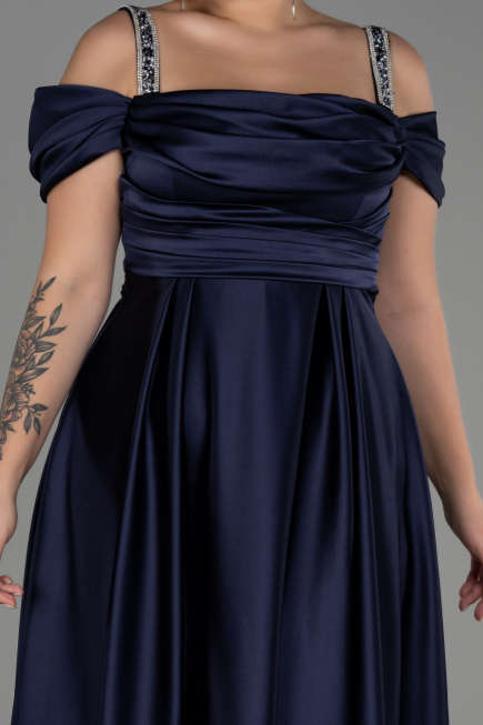 Long Navy Blue Satin Plus Size Evening Dress ABU3277