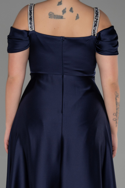 Long Navy Blue Satin Plus Size Evening Dress ABU3277