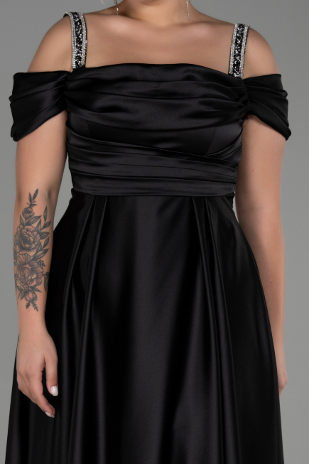Long Black Satin Plus Size Evening Dress ABU3277