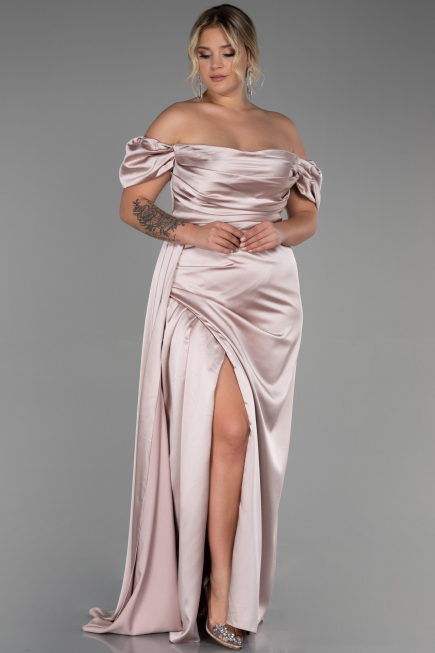 Beige Long Satin Plus Size Evening Dress ABU1626