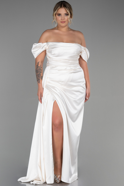 Cream Long Satin Plus Size Evening Dress ABU1626