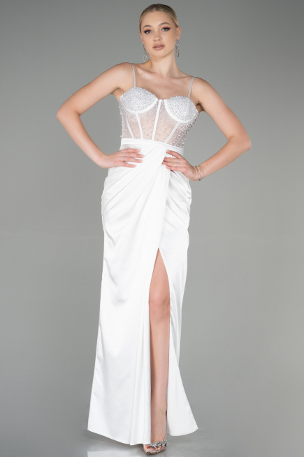Long White Satin Evening Dress ABU3312