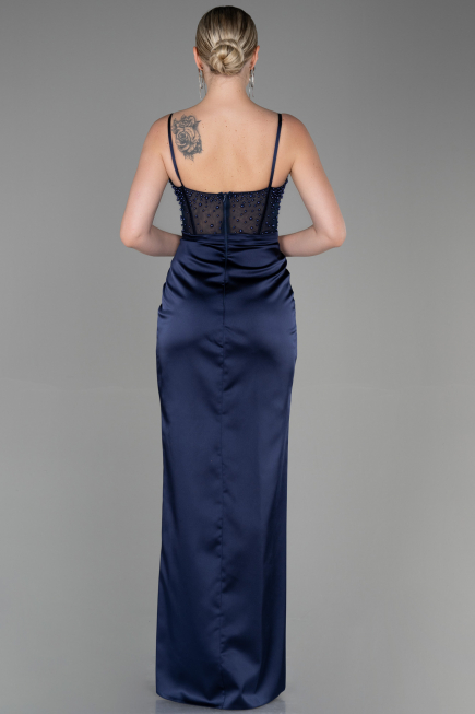 Long Navy Blue Satin Evening Dress ABU3312