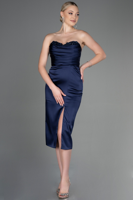 Midi Navy Blue Satin Invitation Dress ABK1845
